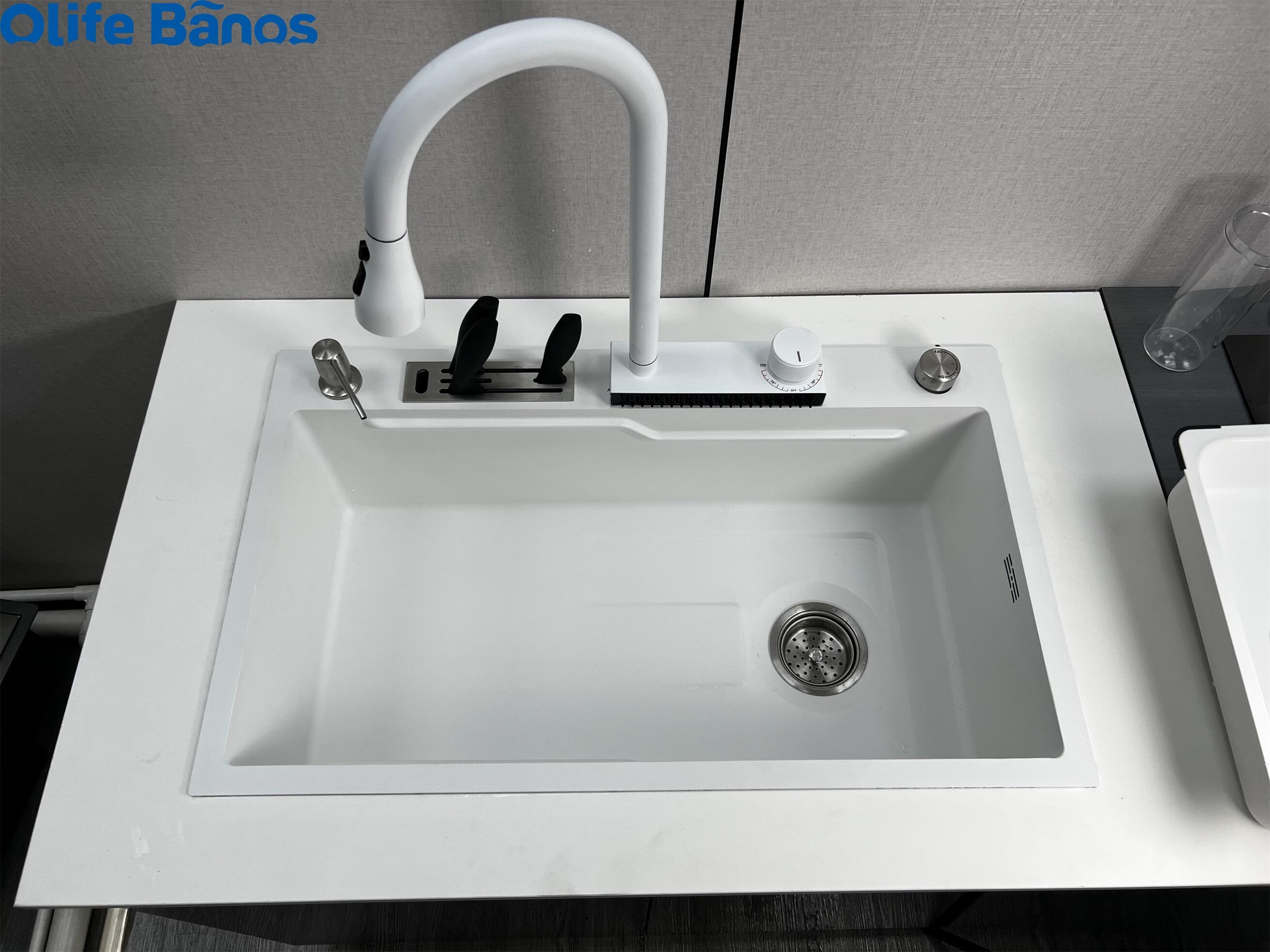 Amazon New Design White 30 Inch  Stainless Steel Sink  Waterfall  Faucet Single Bowl Kitchen Sink With Knife  Holder details