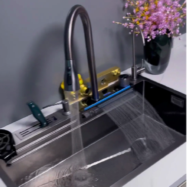 Olife Banos Newest Design 304  Digital Display Waterfall Faucet Bionic Honeycomb  Kitchen Sink With Cup Washer