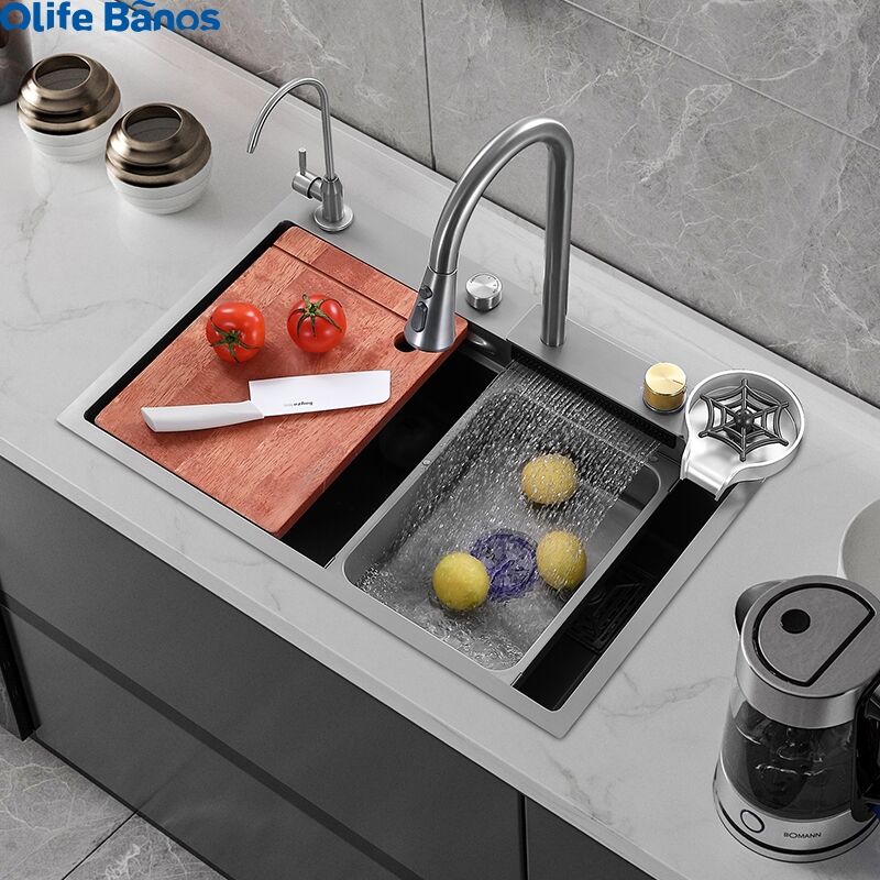 Amazon Hot Sale New Nano 304 33 inch Stainless Steel  Kitchen Flying Rain Waterfall Faucet Basin Sink Slot manufacture