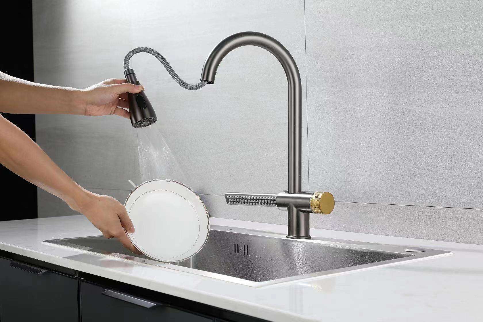 Amazon Latest Design Gunmetal 304 Stainless Steel Rotatable Water fall Rainfall Sink 360 degree swivel spout Kitchen Faucet details