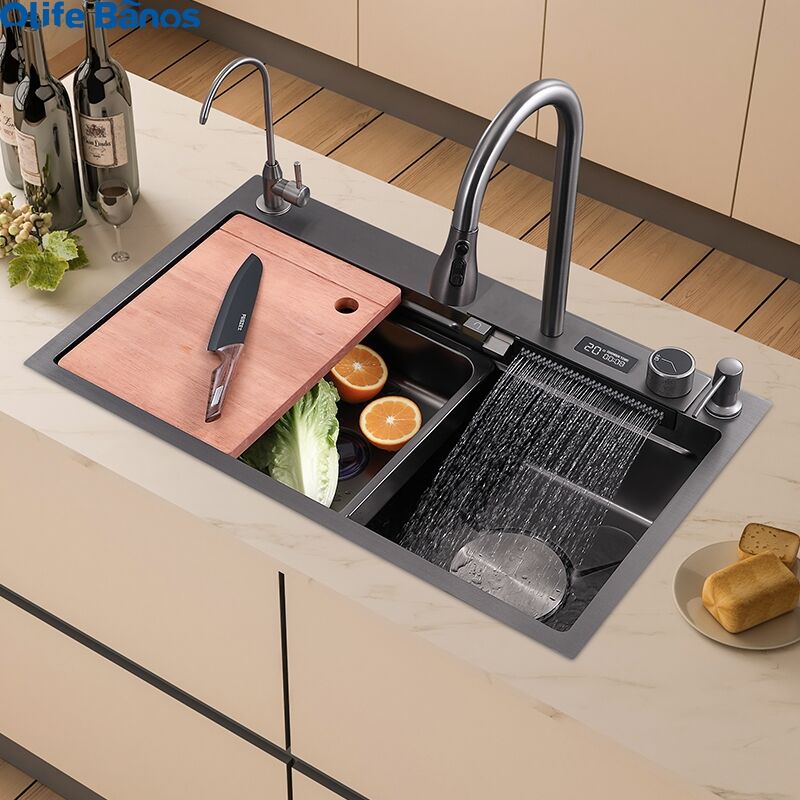 Newest Hign End Digital Display Multifunction Waterfall Faucet 304 Stainless Steel Single Bowl Kitchen Sink With Cup Washer factory