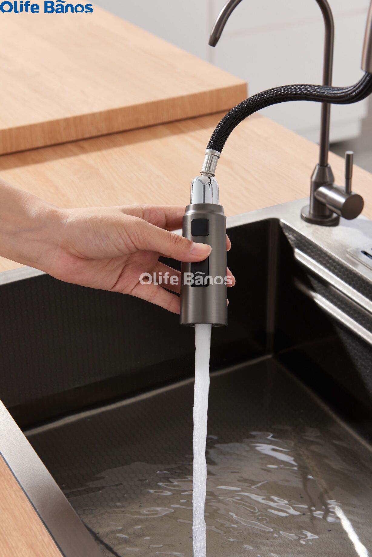 Olife Banos Tiktok Trend SUS 304 Led Digital Display Waterfall Faucet Bionic Honeycomb  Kitchen Sink With Cup Washer manufacture