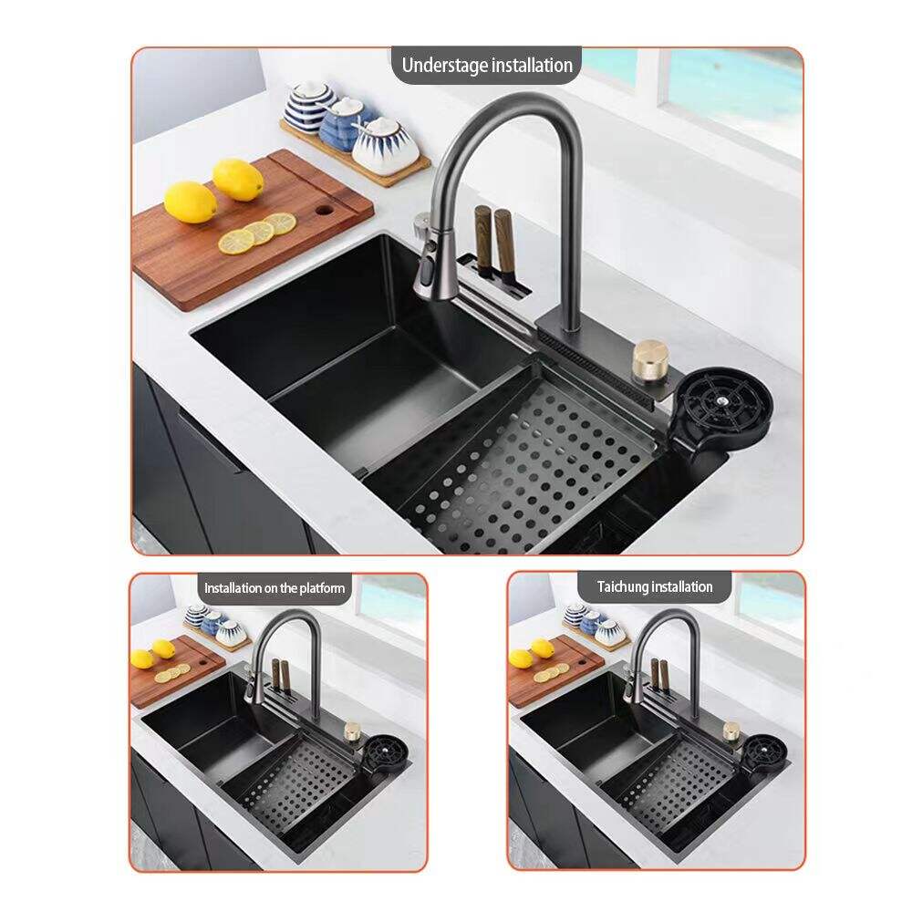 2023 New Extended Multifunctional  Waterfall Faucet Stainless Steel 304 Single Bowl Kitchen Sink With Glass Rinser  Garbage Can factory