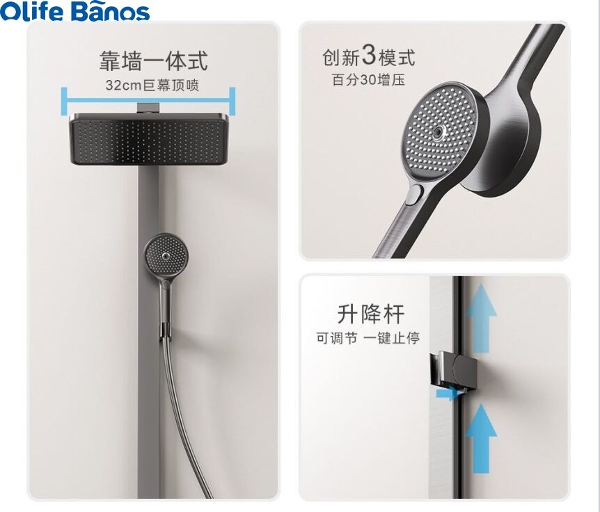 Olife Banos  new design bathroom gunmetal white color blue led light  piano key shower head faucet hot cold shower set details