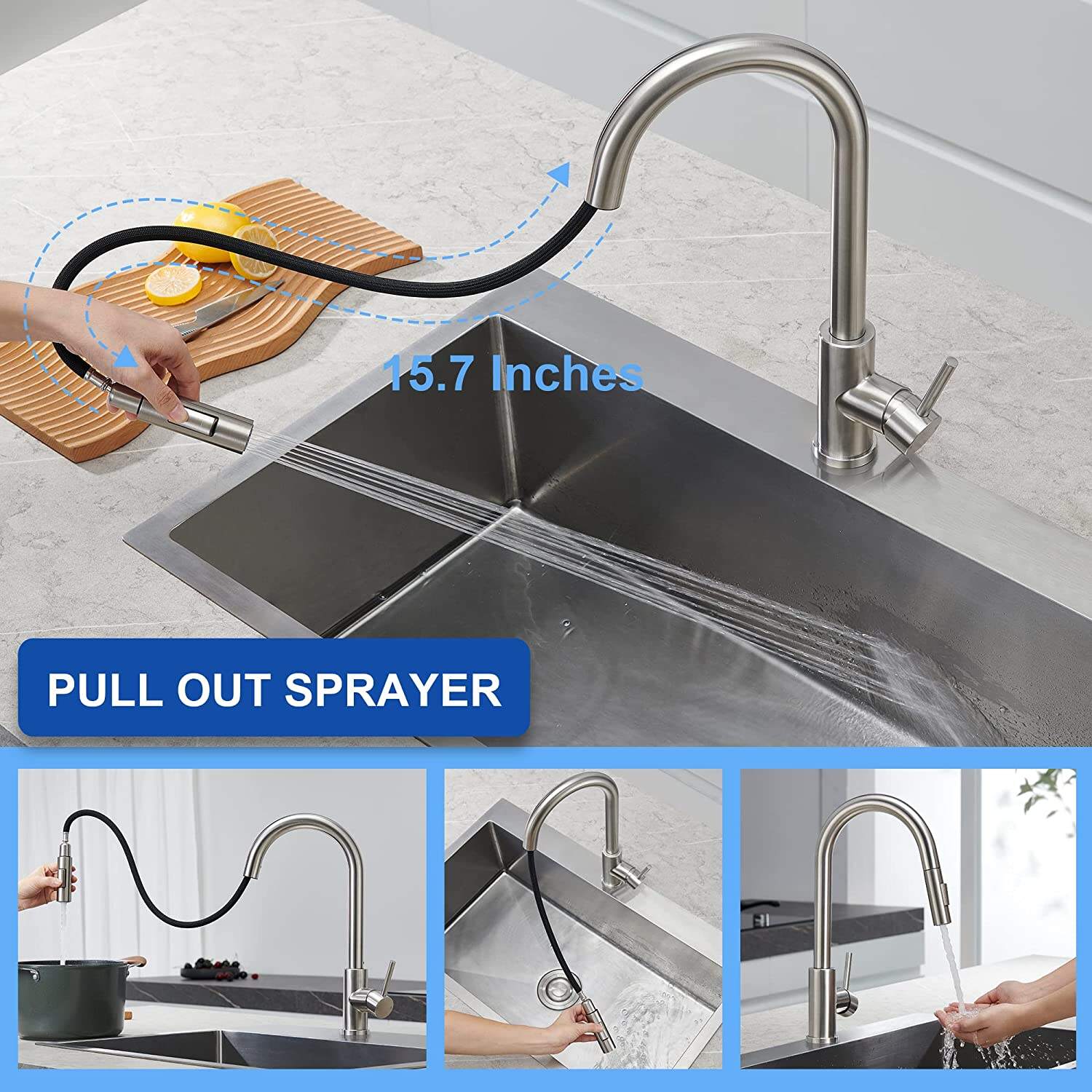 Gold Kitchen Tap with Pull-Down Sprayer Modern Stainless Steel Single Handle Pull Out Kitchen Mixer Tap factory