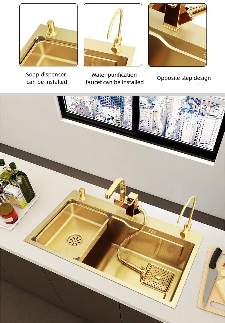 Brushed Gold Stainless Steel Nano Handmade Kitchen Sink Single Slot Under The Counter Multifunctional Table Board Sink Bowl factory