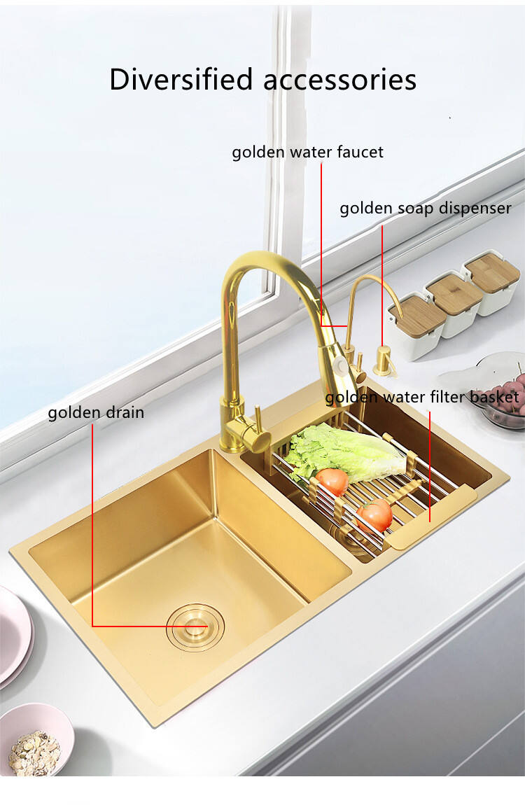 Amazon Gold Kitchen Sink Above Counter 304 Stainless Steel Double Bowl Golden Basket Drainer  Washing Basin details