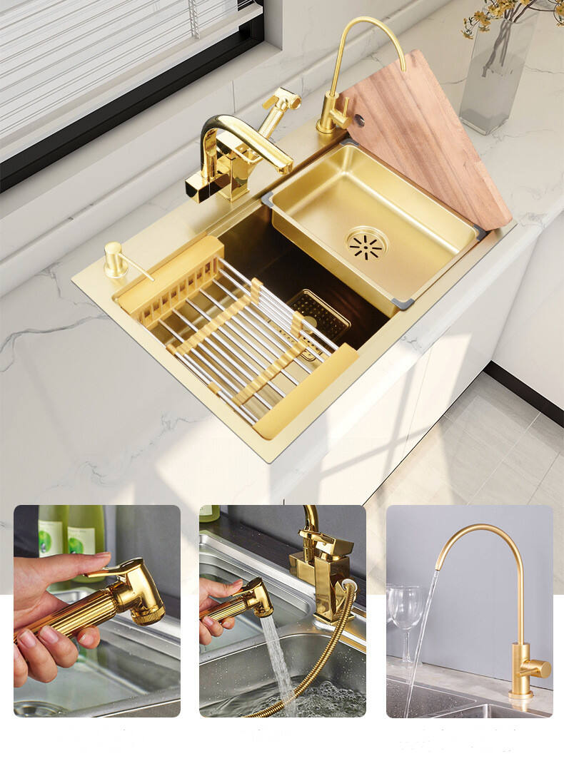 Gold Kitchen Sink Above Counter 304 Stainless Steel Single Bowl Golden Basket Drainer Soap Dispenser Washing Basin supplier