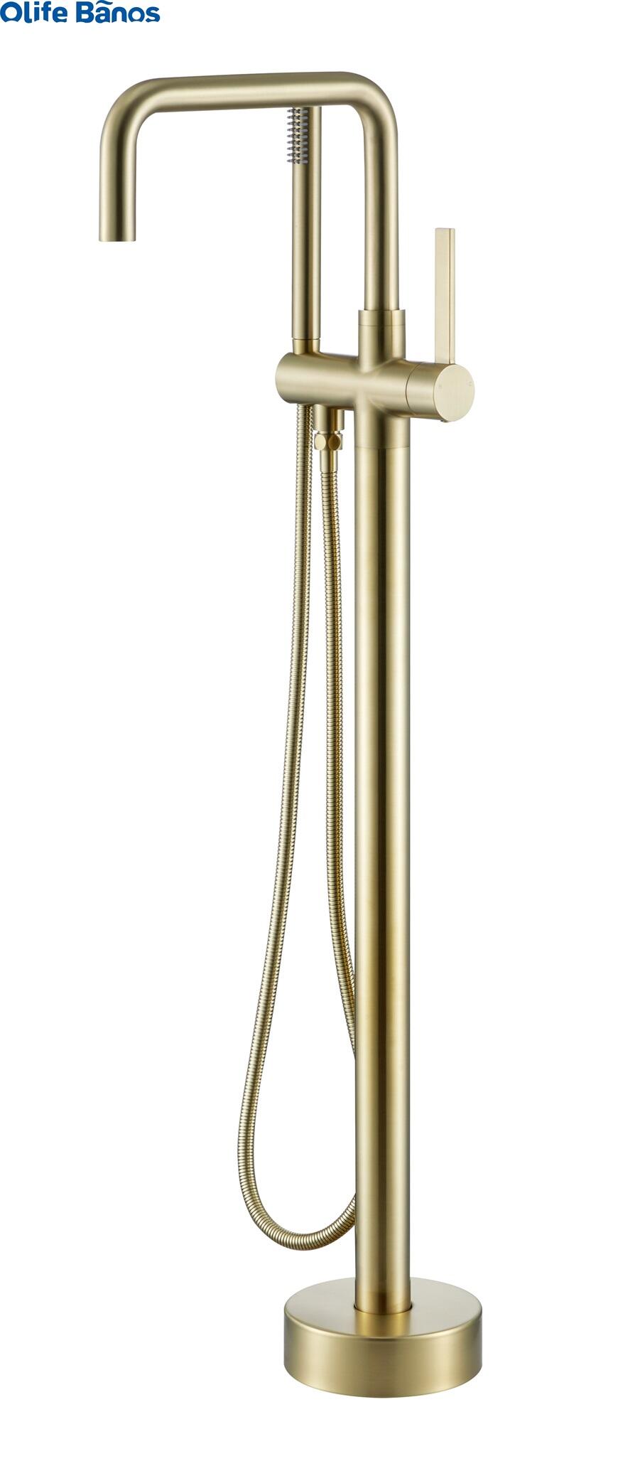 Luxurious Brushed Gold Finish Floor Stand Tub and Shower Mixer Tap Freestanding Bathtub Faucet Set with Handheld Shower details