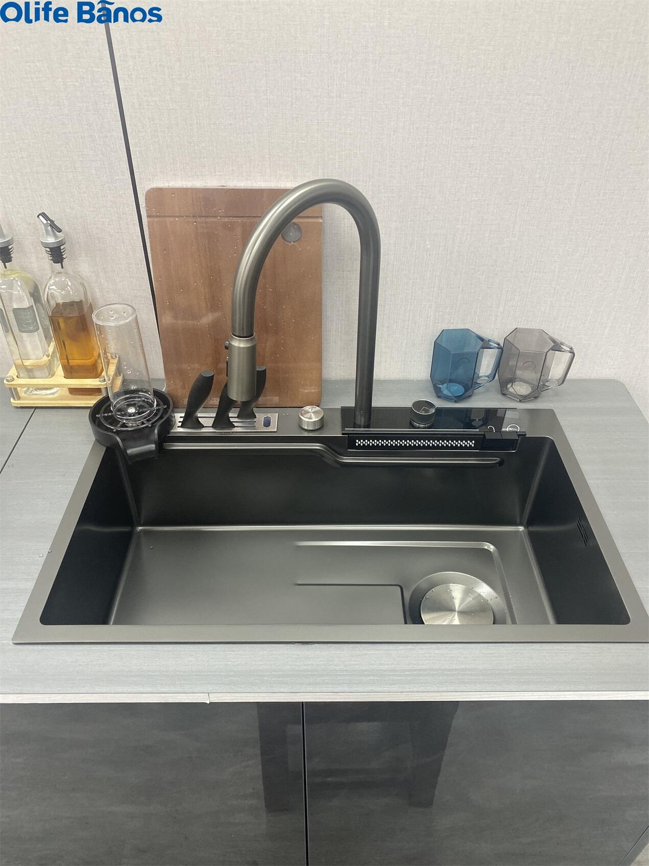 2023 New Design Temperature Digital Display Waterfall Faucet  304 Stainless Steel Kitchen Sink With Knife Holder supplier