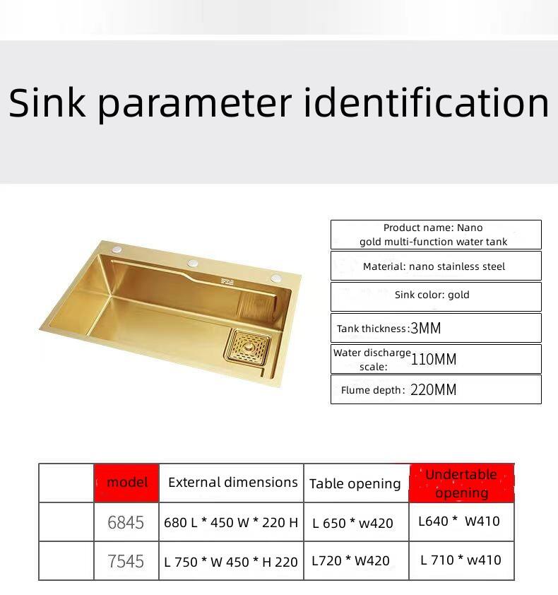 Brushed Gold Stainless Steel Nano Handmade Kitchen Sink Single Slot Under The Counter Multifunctional Table Board Sink Bowl supplier