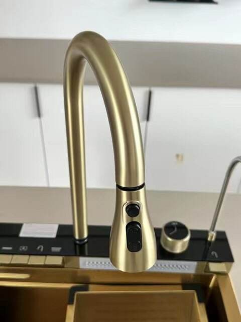 Tiktok  Trend Golden Tap Black Sink Nano SUS 304  Automatic Cup Washer Piano Digital Display Two Waterfall Faucet Kitchen Sinks details