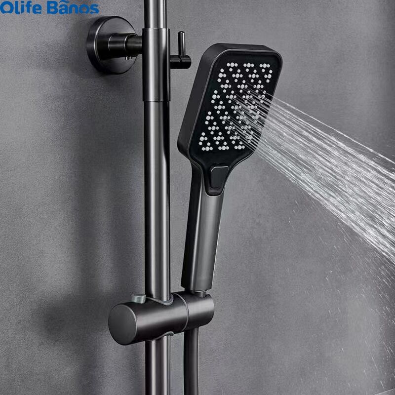 TikTok New Style 3 color light  Piano Key LED Shower Set 4 Functions Brass Thermostatic Bathroom Shower Faucet Set details