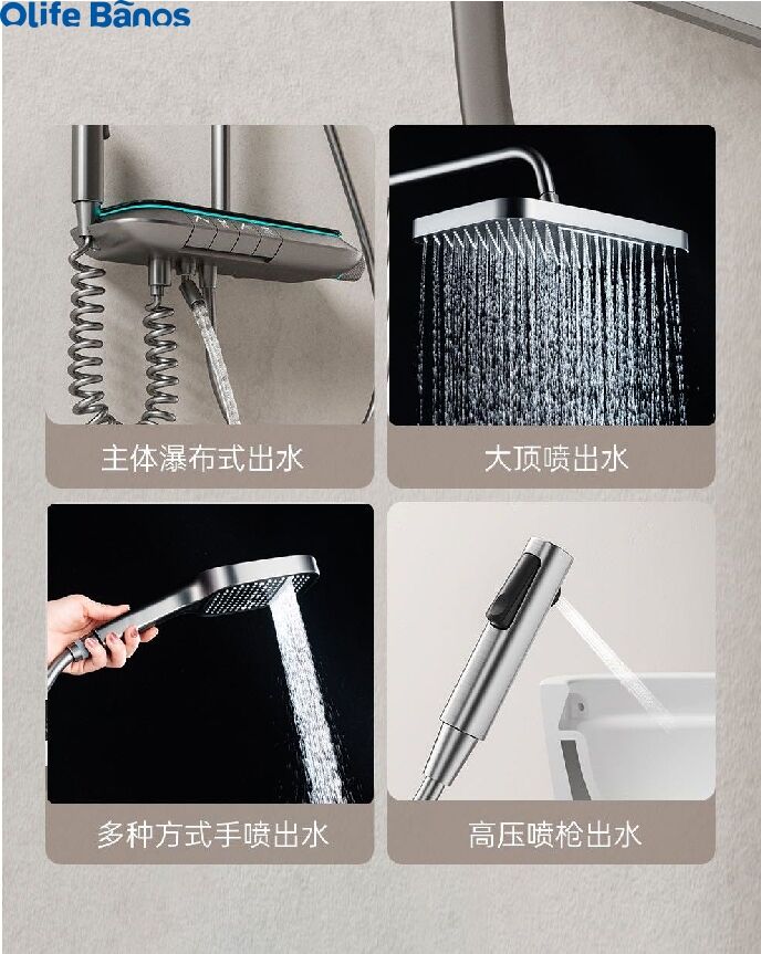 2023 tiktok new trend  bathroom gunmetal white big shelf led light piano key thermostat  luxury  piano key shower faucet set supplier