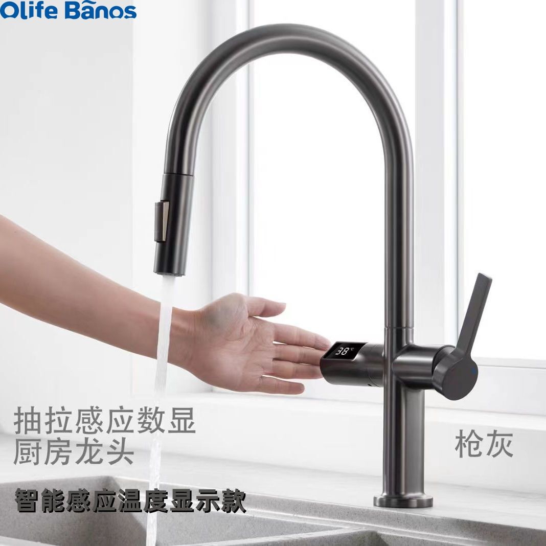 Olife Banos Hot Sale Pull Out  Digital Temperature  Display Hot And Cold Gunmetal  Brass Kitchen Tap Mixer Faucet For Kitchen details