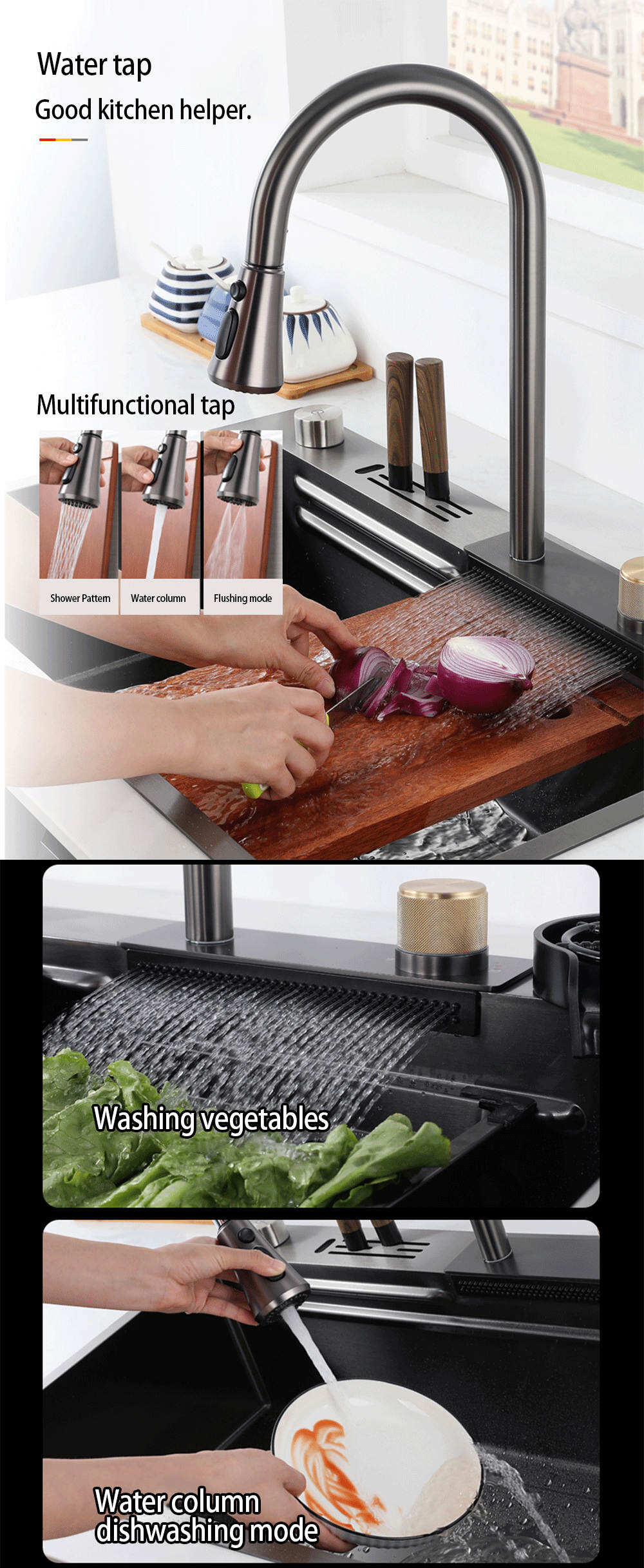 30 Inch Kitchen Flying Rain Waterfall  Nano Large Single Slot 304 Stainless Steel Sink with Knife Holder factory