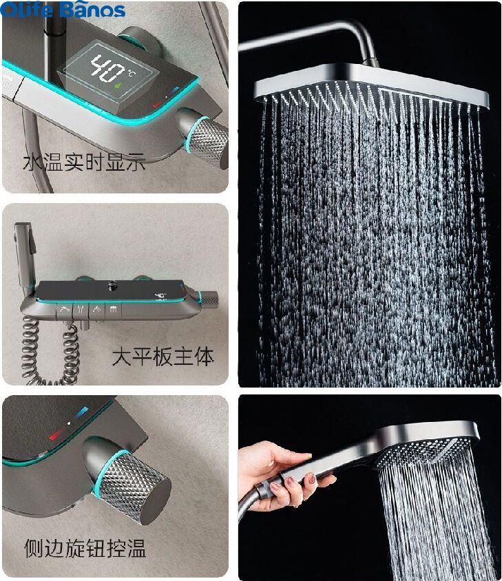 2023 tiktok new trend  bathroom gunmetal white big shelf led light piano key thermostat  luxury  piano key shower faucet set factory