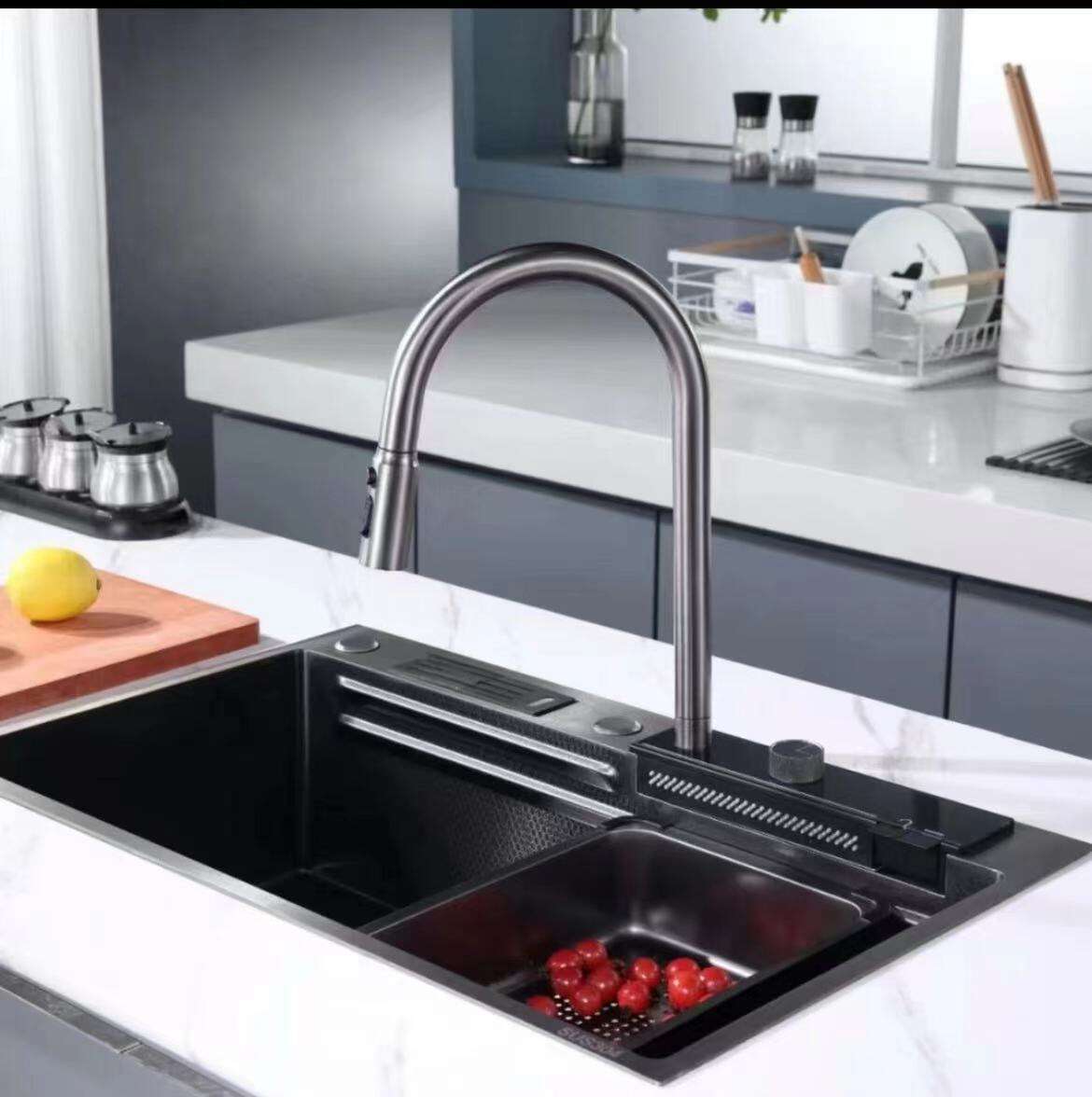 Olife Banos Newest Design 304  Digital Display Waterfall Faucet Bionic Honeycomb  Kitchen Sink With Cup Washer manufacture