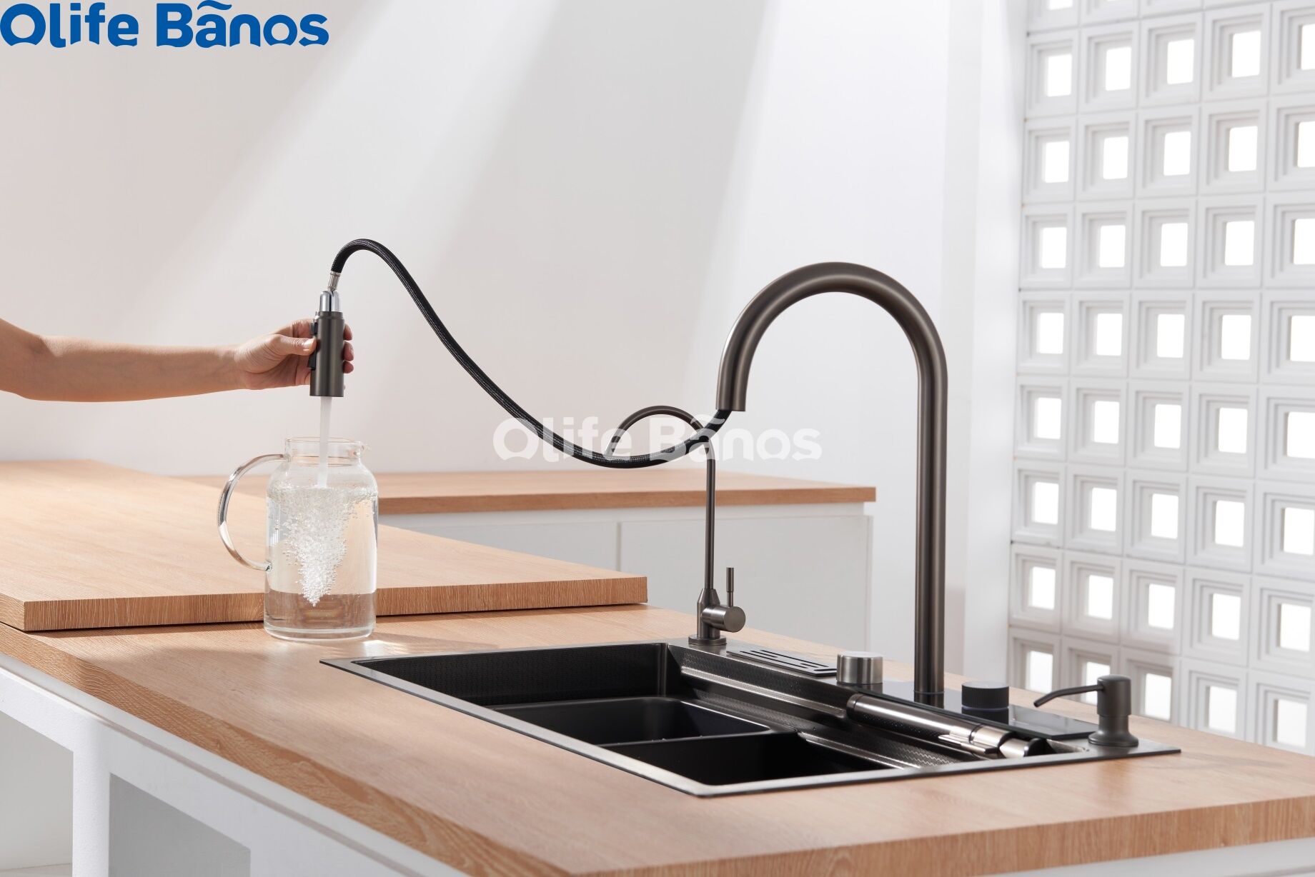 Olife Banos Tiktok Trend SUS 304 Led Digital Display Waterfall Faucet Bionic Honeycomb  Kitchen Sink With Cup Washer details