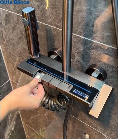 Modern Gunmetal  Digital Temperature LED  Aluminium Bathroom Rainfall Waterfall Shower head System Set supplier