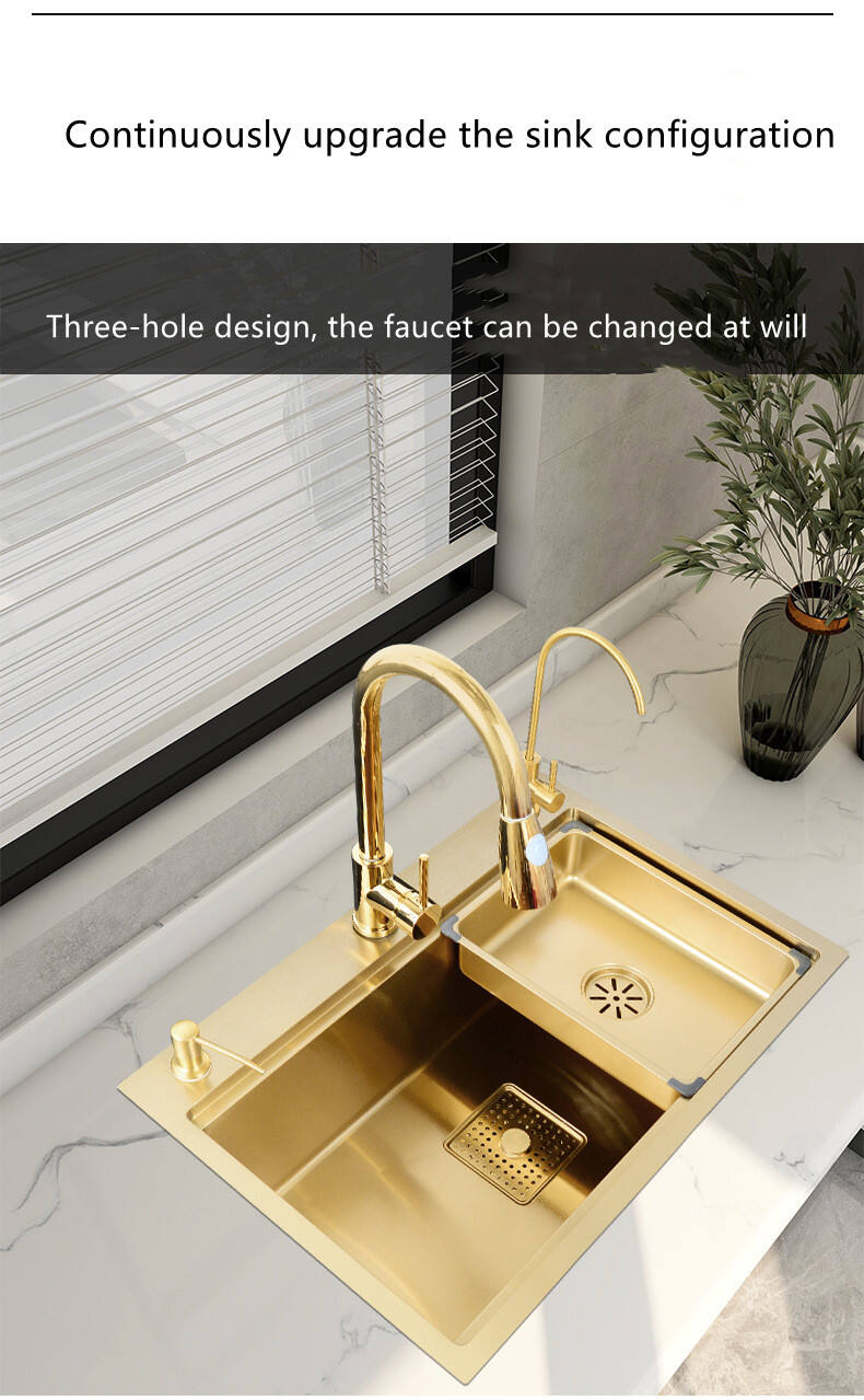 Gold Kitchen Sink Above Counter 304 Stainless Steel Single Bowl Golden Basket Drainer Soap Dispenser Washing Basin factory