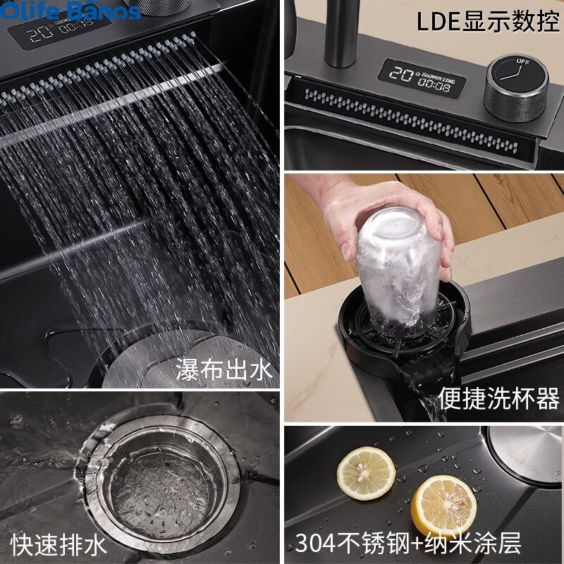 Newest Hign End Digital Display Multifunction Waterfall Faucet 304 Stainless Steel Single Bowl Kitchen Sink With Cup Washer factory