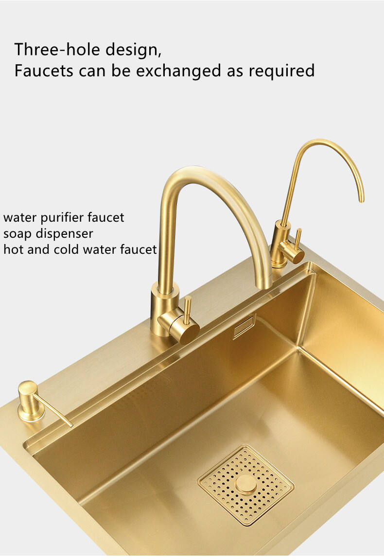 Gold Kitchen Sink Above Counter 304 Stainless Steel Single Bowl Golden Basket Drainer Soap Dispenser Washing Basin details