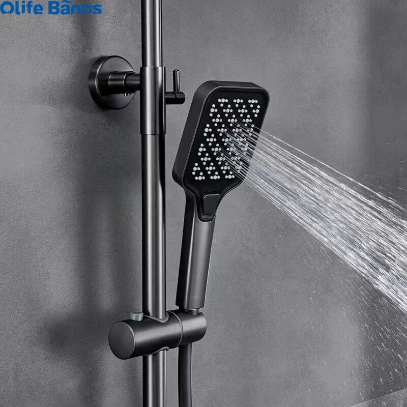 TikTok New Style 3 color light  Piano Key LED Shower Set 4 Functions Brass Thermostatic Bathroom Shower Faucet Set factory