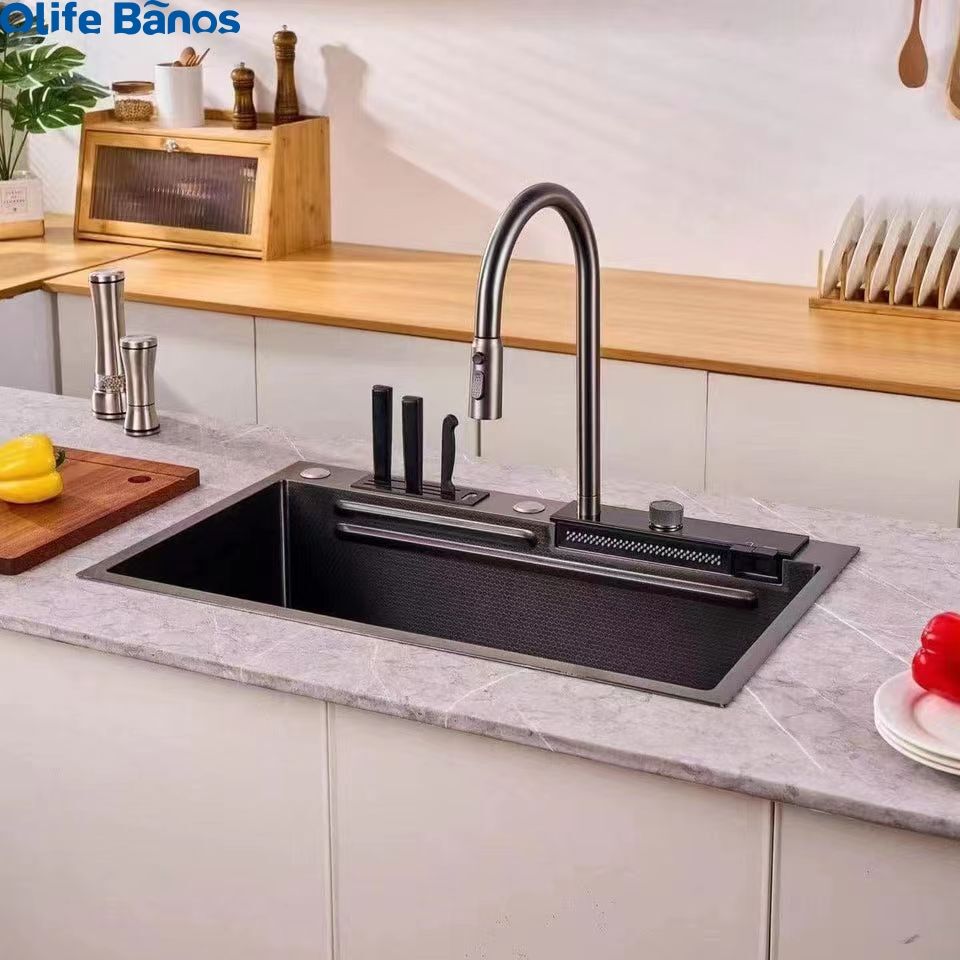 New Design 304  Digital Display Waterfall Faucet Bionic Honeycomb Single Bowl Advanced Kitchen Sink With Knife Holder details