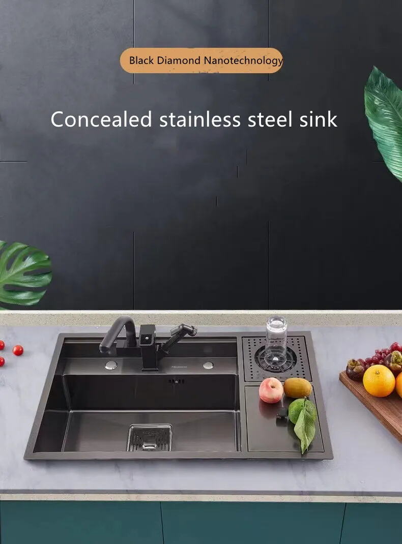 Hidden Multi-function Large Handmade SUS304 Stainless Steel Intelligent High and Low Step Wash Kitchen Sink With Cup Rinser factory