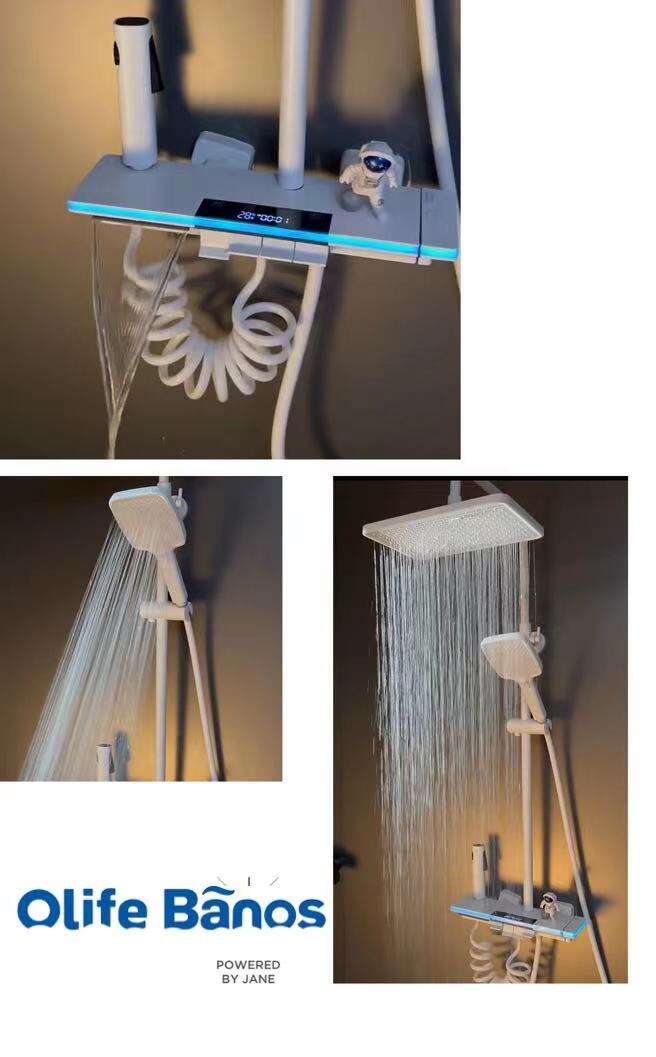 2023 new design bathroom gunmetal white color blue led light  piano key shower head faucet hot cold shower set manufacture