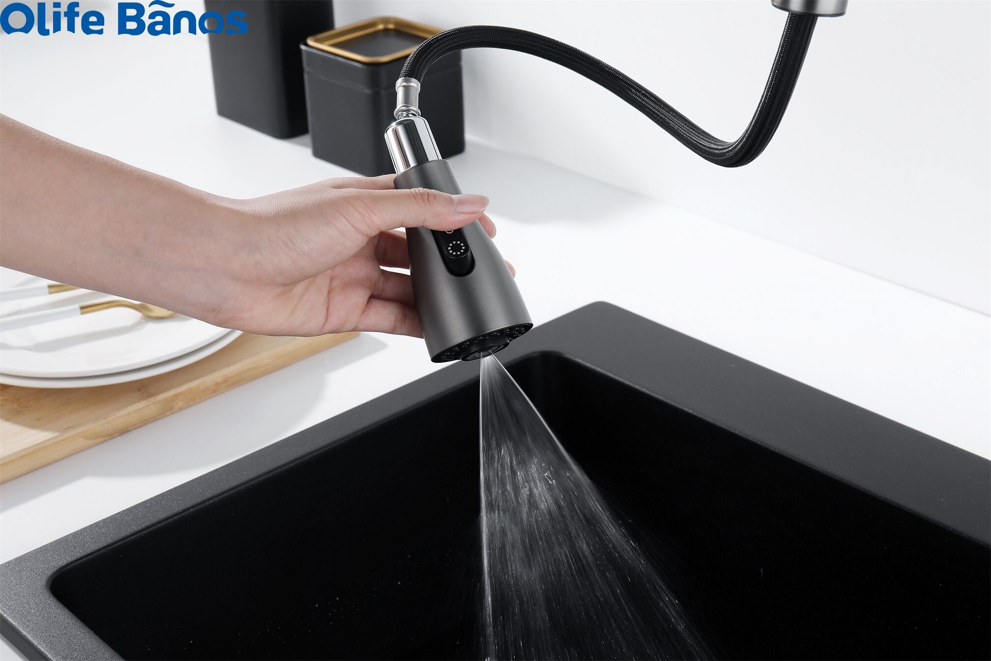 Olife Banos High Quality Gunmetal Hot Cold Kitchen Sink Water Saving Basin Faucet Brass  with Pull Out details