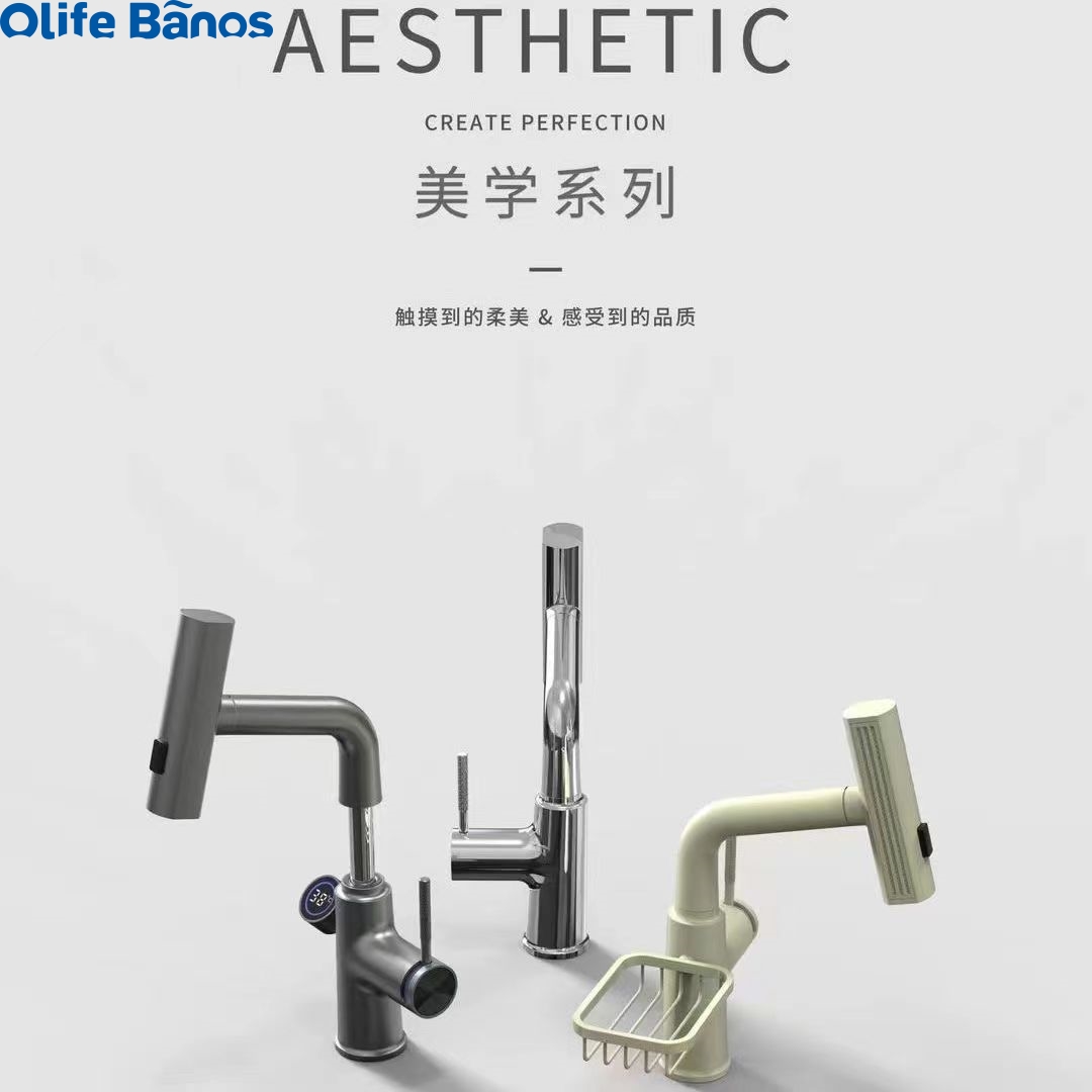 Olifebanos Gun Gray White Digital Display Pull Out Waterfall Rain Fall  Faucet 3 Functions Desk Basin Mixer Tap Faucet factory