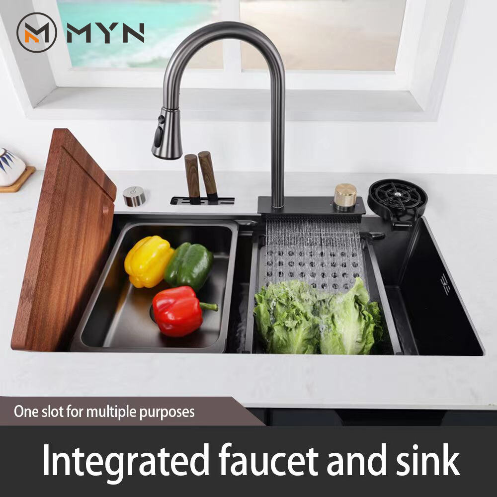 2023 New Extended Multifunctional  Waterfall Faucet Stainless Steel 304 Single Bowl Kitchen Sink With Glass Rinser  Garbage Can factory