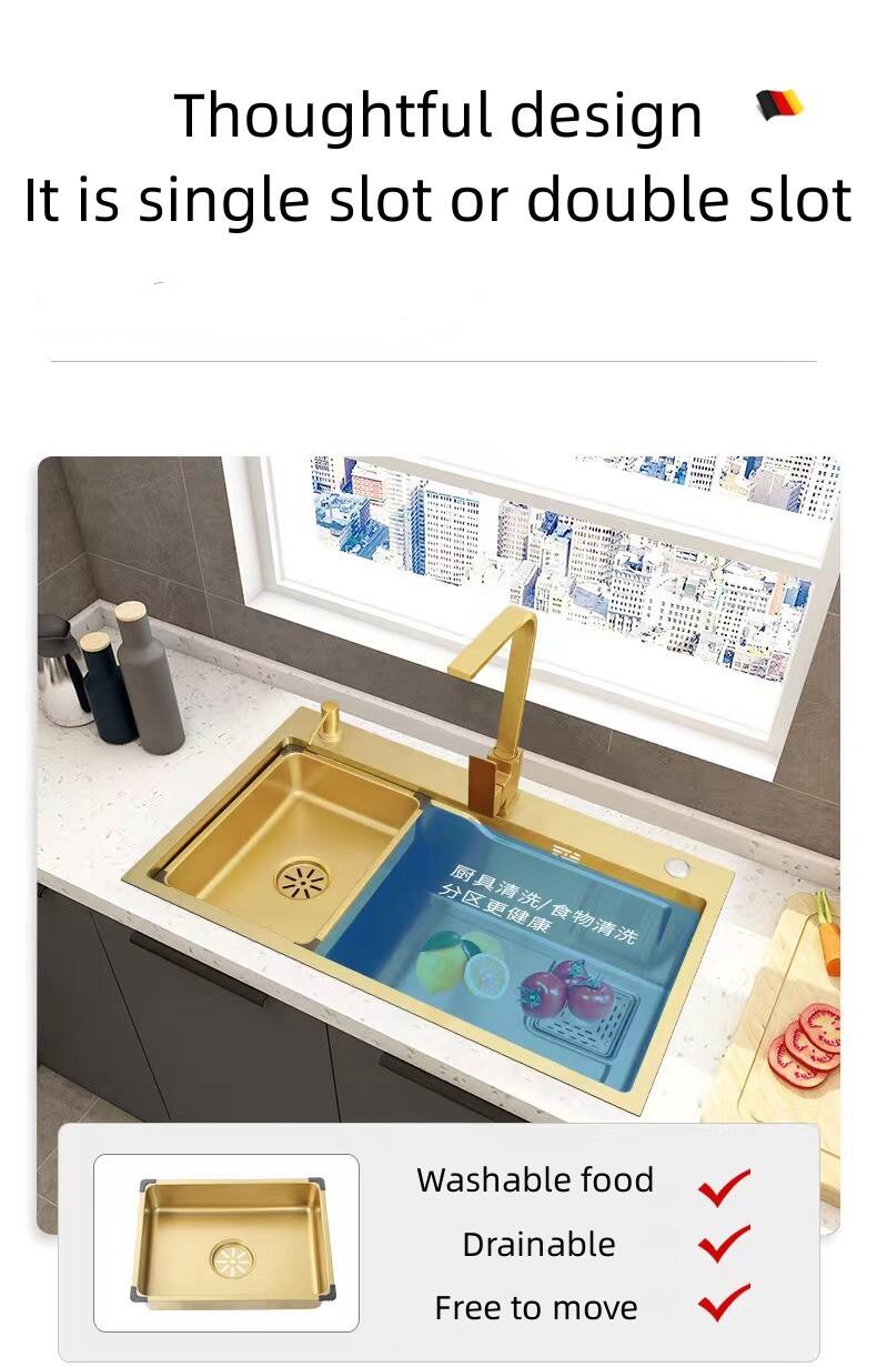 Brushed Gold Stainless Steel Nano Handmade Kitchen Sink Single Slot Under The Counter Multifunctional Table Board Sink Bowl details