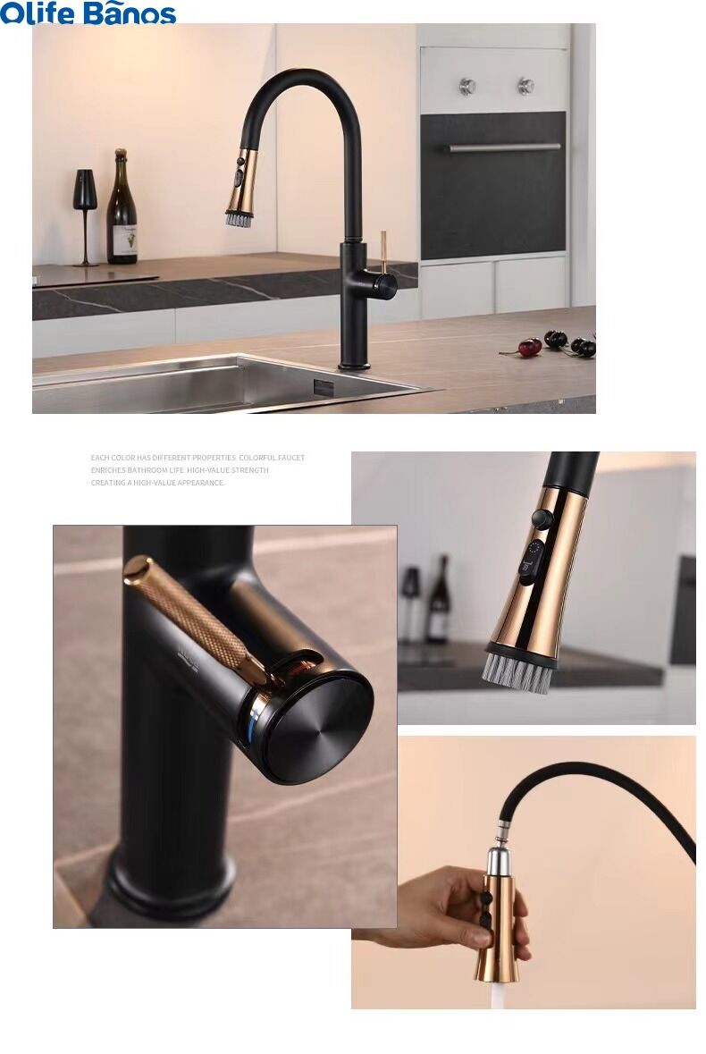 2023 Kitchen pull-out telescopic faucet hot and cold water tank mixing valve black gold kitchen faucet with broom head supplier