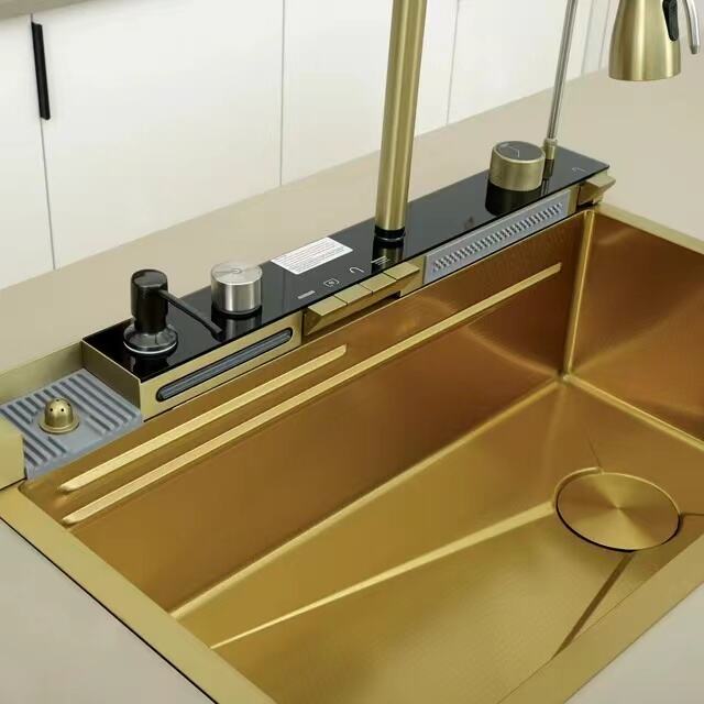 Tiktok  Trend Golden Tap Black Sink Nano SUS 304  Automatic Cup Washer Piano Digital Display Two Waterfall Faucet Kitchen Sinks details