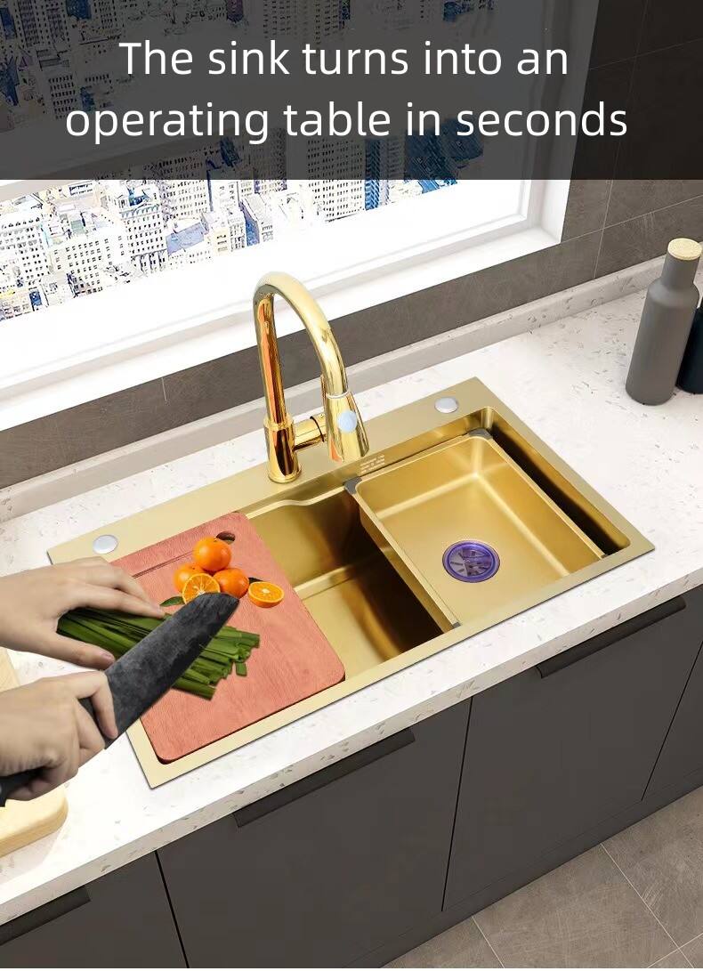 Brushed Gold Stainless Steel Nano Handmade Kitchen Sink Single Slot Under The Counter Multifunctional Table Board Sink Bowl details