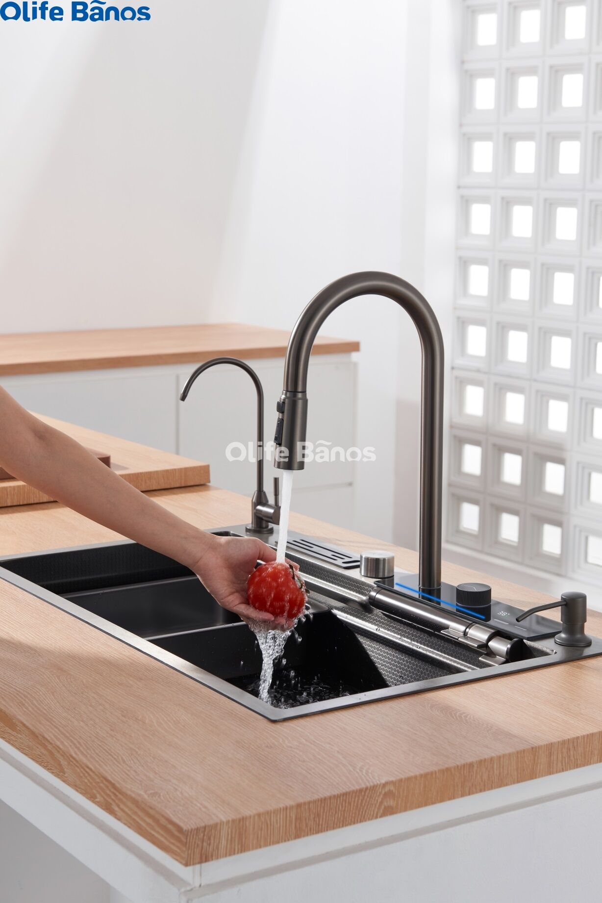 Olife Banos Tiktok Trend SUS 304 Led Digital Display Waterfall Faucet Bionic Honeycomb  Kitchen Sink With Cup Washer supplier