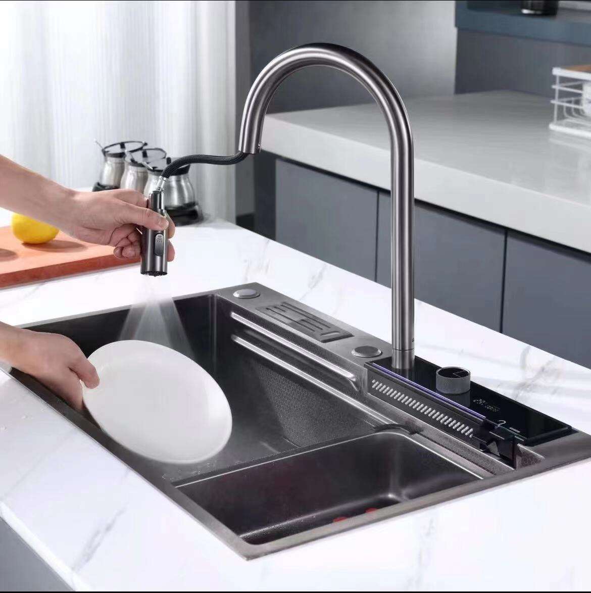 Olife Banos Newest Design 304  Digital Display Waterfall Faucet Bionic Honeycomb  Kitchen Sink With Cup Washer supplier