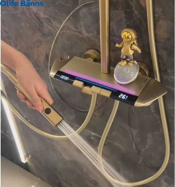 Tiktok New Trend Gold  Luxury Wall Mount Gun Grey Piano Key Digital Display Led Thermostatic Brass Hot and Cold Bath Shower Set details