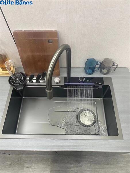 2023 New Design Temperature Digital Display Waterfall Faucet  304 Stainless Steel Kitchen Sink With Knife Holder supplier