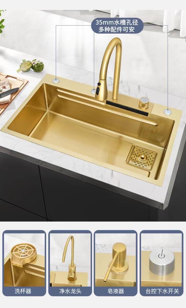 2023 Olife Banos  Gold  Stainless Steel 304 Rainfall Faucet Above Counter Sink Lavabo De Cuisine Multifunctional Kitchen  Sinks supplier