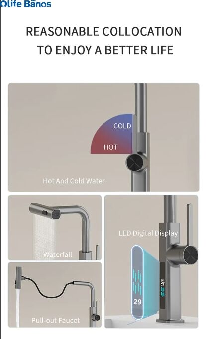 2023 Hot Style Gold LED Digital Display Temp 3 Different Spray Options Waterfall Pull-Out Kitchen Sink Mixer Faucet  Tap manufacture