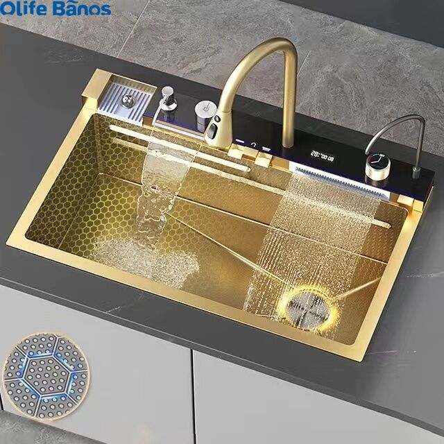 Tiktok  Trend Golden Tap Black Sink Nano SUS 304  Automatic Cup Washer Piano Digital Display Two Waterfall Faucet Kitchen Sinks manufacture