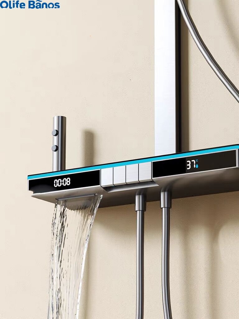 Olife Banos Grey Piano Button Ambient Light Bathroom Shower Full Set Digital Display Shower System Sets Rain Faucets Shower Set details