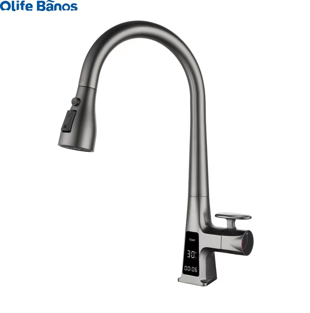 Olife Banos Pull Out  Kitchen Sink Faucet Digital Temperature  Display Hot Cold Gunmetal  Brass Kitchen Tap Mixer Faucet supplier