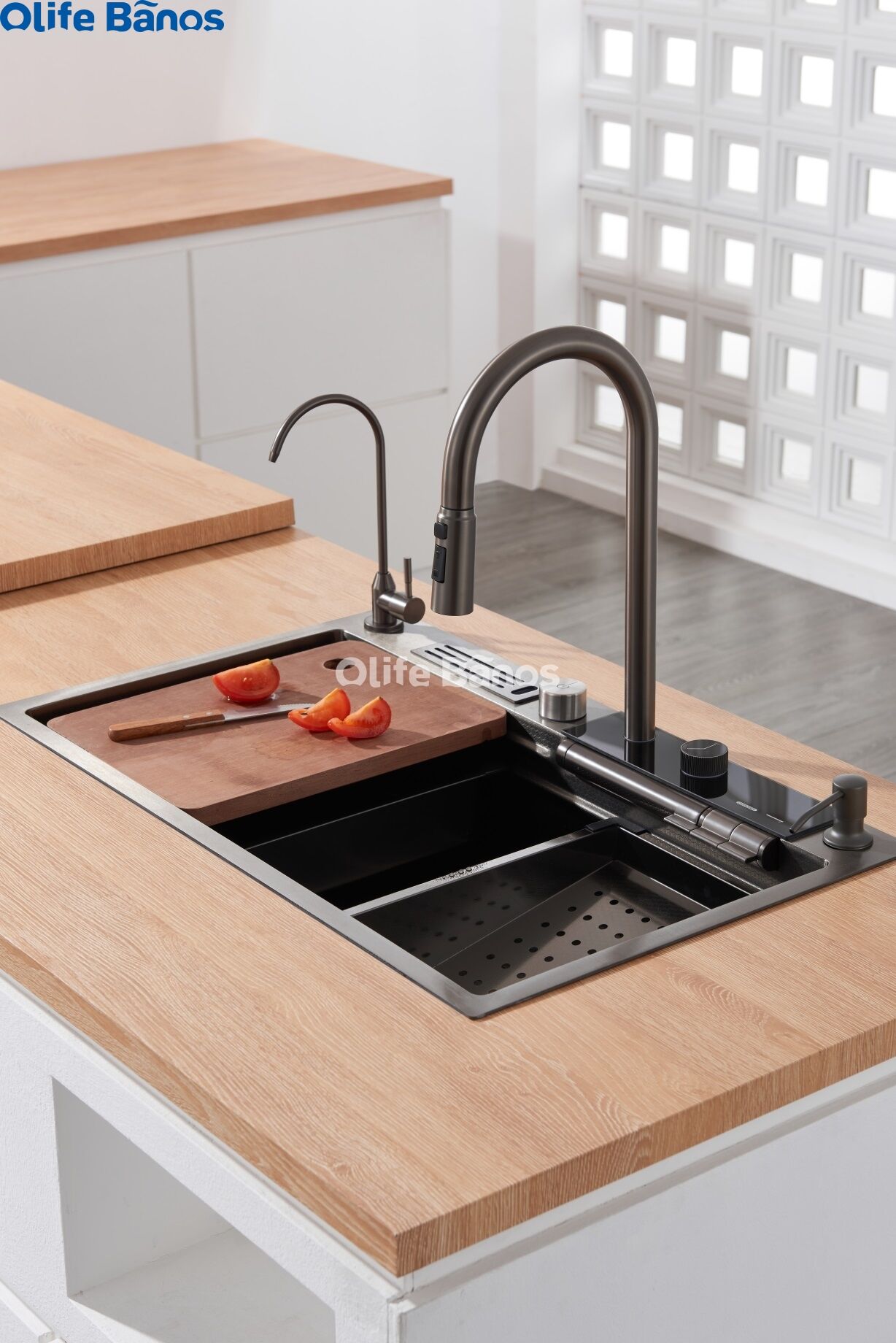 Olife Banos Tiktok Trend SUS 304 Led Digital Display Waterfall Faucet Bionic Honeycomb  Kitchen Sink With Cup Washer factory