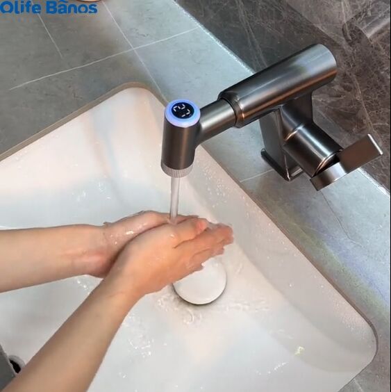 Olifebanos tiktok  all copper rotary pleochromatic digital display washbasin faucet household cold  hot bathroom gun grey faucet supplier