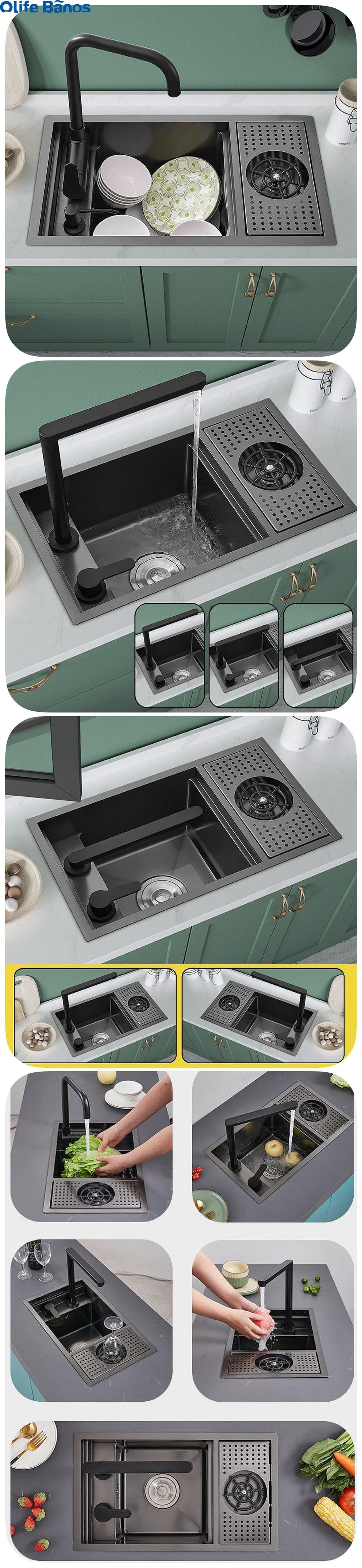 Amazon hot sale 304 sus  black kitchen concealed  hidden lift taps sink basin  with cup washer  drain off manufacture